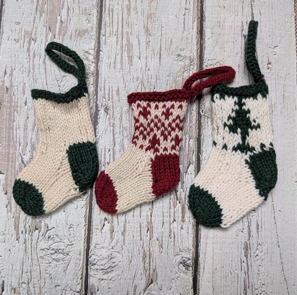 Set of Three Handmade Mini Christmas Stocking Ornaments